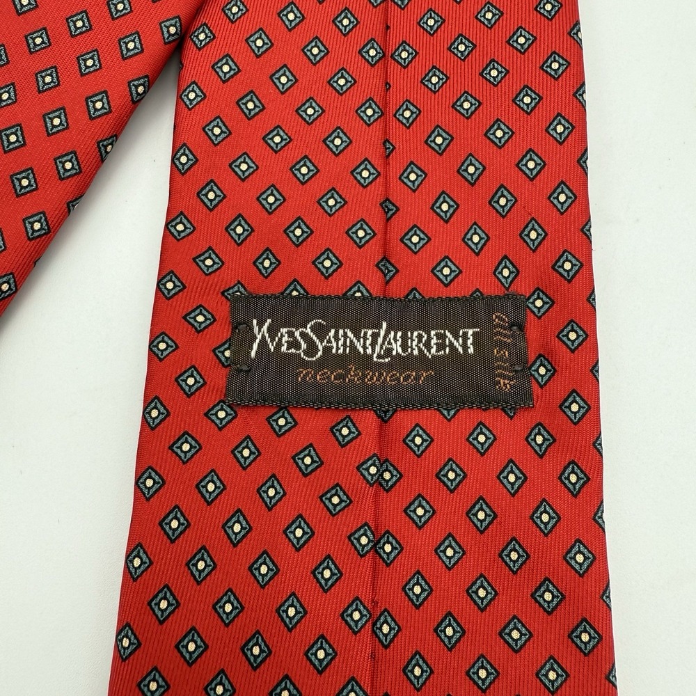 YSL Yves Saint Laurent Silk Red Burgundy Diamond/Geometric Motif Necktie - Picture 5 of 6
